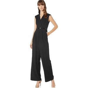 Calvin Klein Women's Solid V Neck Belted Jumpsuit